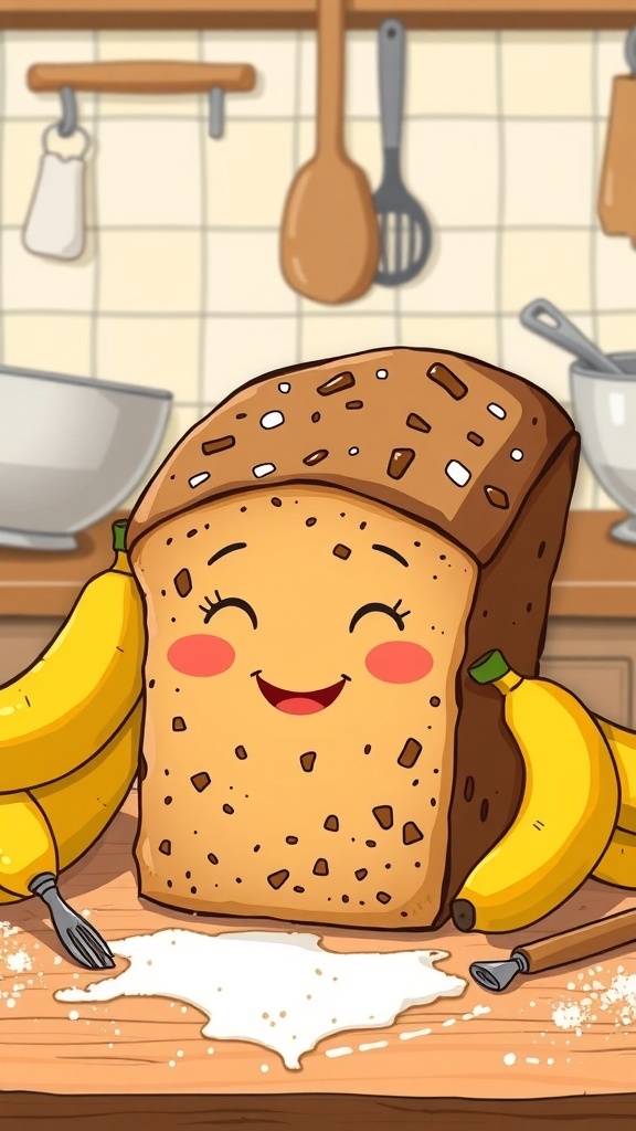 A cheerful loaf of banana bread with a smile, surrounded by bananas and baking tools in a bright kitchen.
